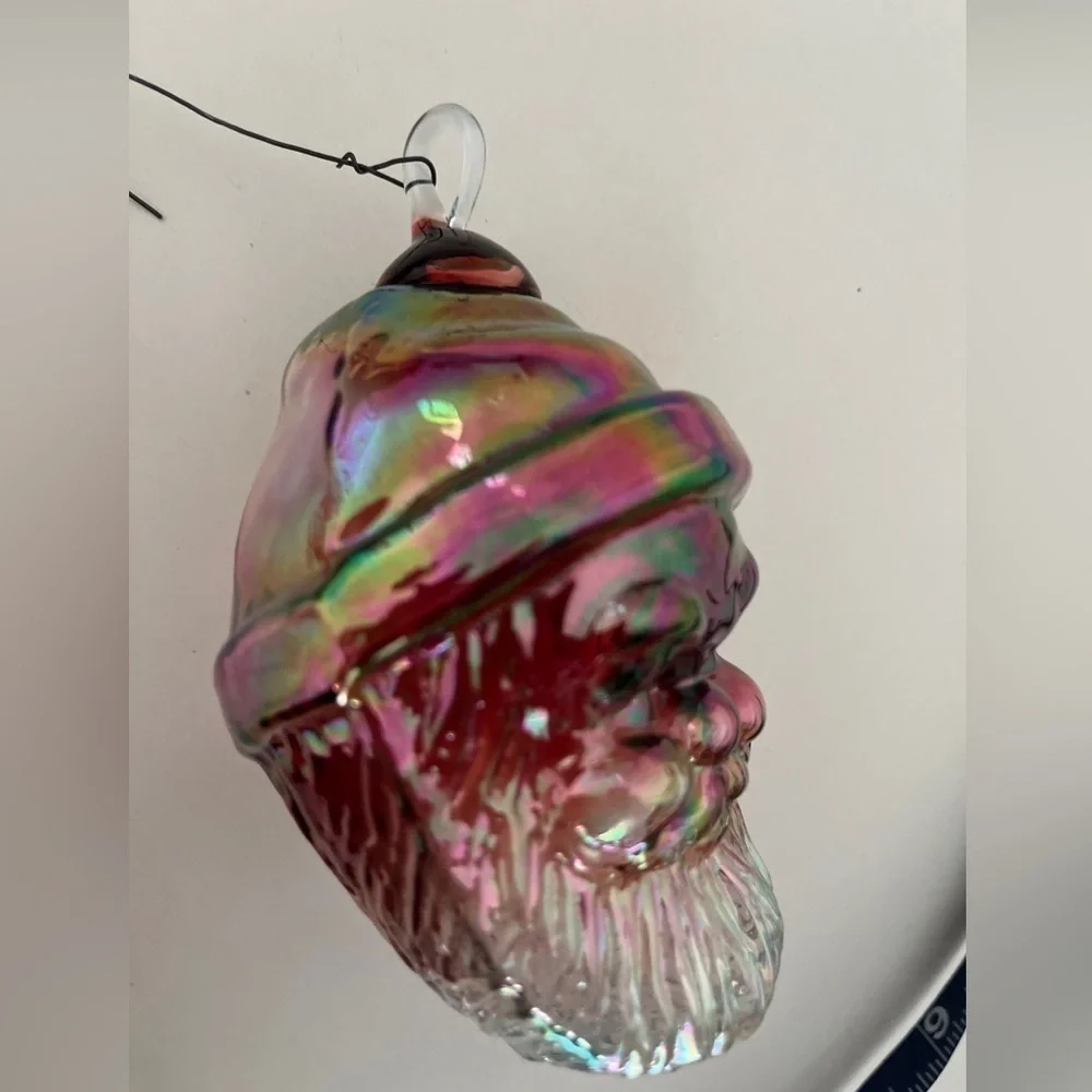 Iridescent Santa Head Thick Glass Ornament EUC